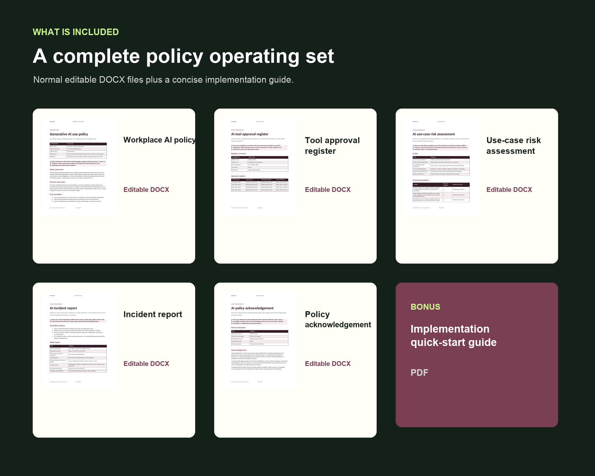 Preview of the five editable Word files and PDF guide included with the Excel AI governance workbook